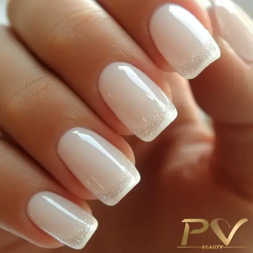 unhas-decoradas-branco-francesinha-pv-beauty-33 Unhas com esmalte branco e ponta prateada brilhante.