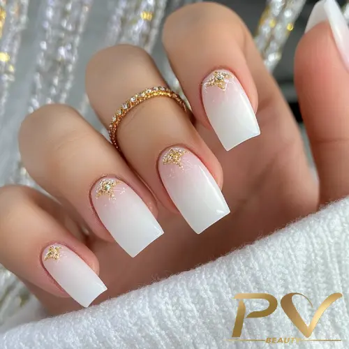 unhas-decoradas-branco-glamour-impecaveis-pv-beauty-29 Unhas com esmalte degradê branco e detalhes dourados, usando anéis dourados como acessório.