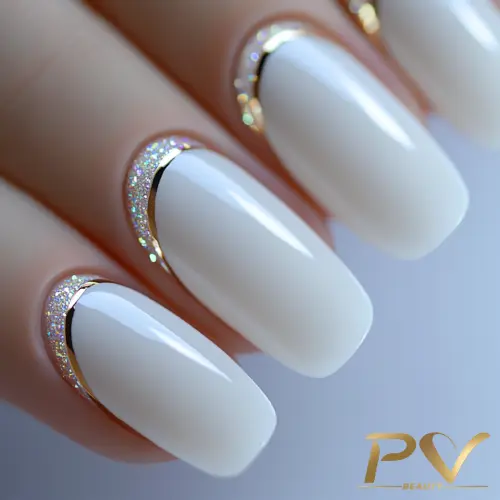 unhas-decoradas-branco-glitter-furtacor-pv-beauty-27 Unhas com esmalte branco e bordas douradas e brilhantes.