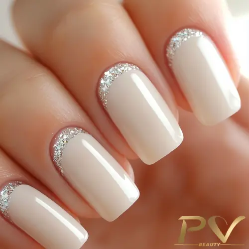 unhas-decoradas-branco-glitter-lindas-pv-beauty-19 Unhas esmaltadas em tom nude com detalhes prateados brilhantes na base, mostrando uma manicure elegante.