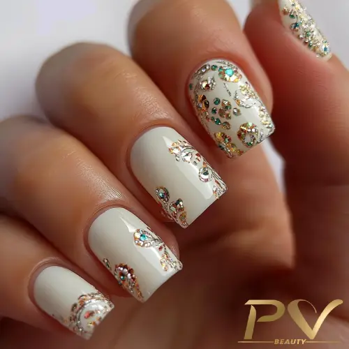 unhas-decoradas-branco-pedras-brilhantes-pv-beauty-16 Unhas decoradas com esmalte branco e detalhes dourados e brilhantes.