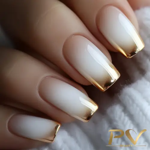 Unhas com esmalte degradê branco e dourado nas pontas, sobre tecido branco.