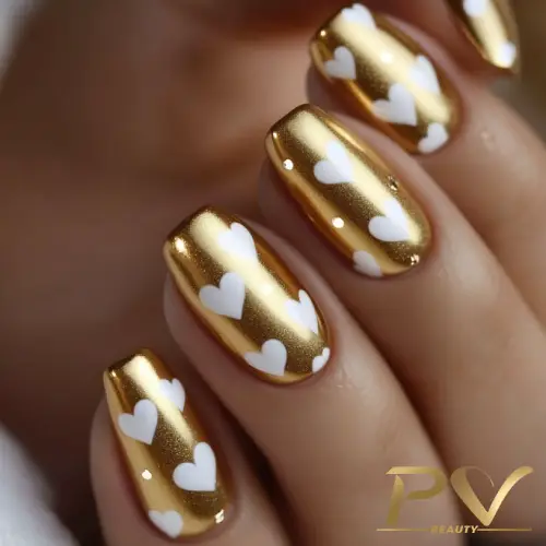 Unhas douradas decoradas com corações brancos.