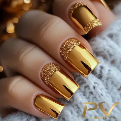 Unhas com esmalte dourado metálico e glitter, sobre fundo desfocado e textura de tecido.