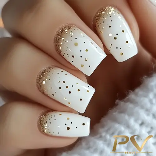 Unhas decoradas com esmalte branco e glitter dourado, exibindo um design elegante com detalhes cintilantes.