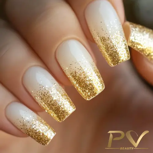 Unhas longas com esmalte branco e glitter dourado nas pontas, exibindo um design elegante e sofisticado.