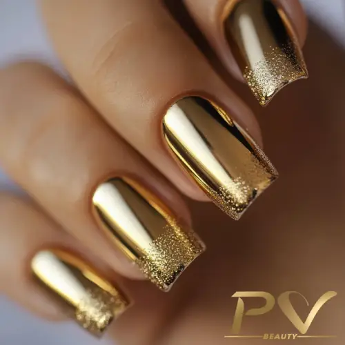 Unhas decoradas com esmalte dourado metálico e detalhes em glitter nas pontas.