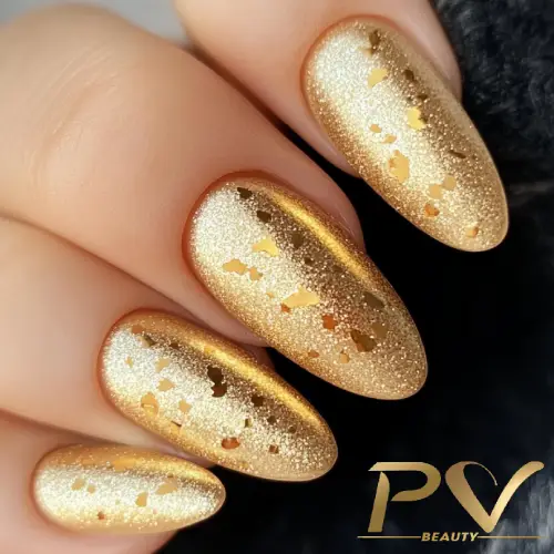 Unhas douradas com acabamento brilhante e detalhes em textura metálica.
