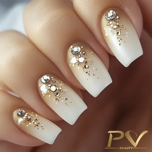 Unhas decoradas com esmalte dourado e branco, adornadas com pedras brilhantes e detalhes cintilantes.