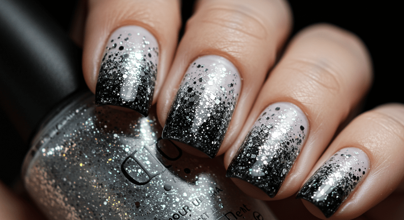 Unhas com esmalte preto e glitter prateado, criando um efeito degradê brilhante e elegante.