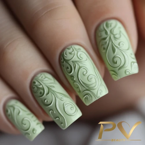 unhas-em-verde-arabescos-decoradas-pv-beauty-32 Unhas com esmalte verde claro e design em relevo com padrões florais detalhados.