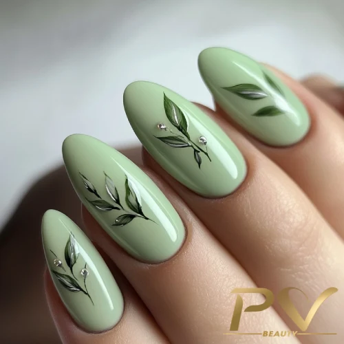 unhas-em-verde-decoradas-delicadas-folhagens-pv-beauty-20 Unhas verdes com design de folhas pintadas e pequenas aplicações metálicas.