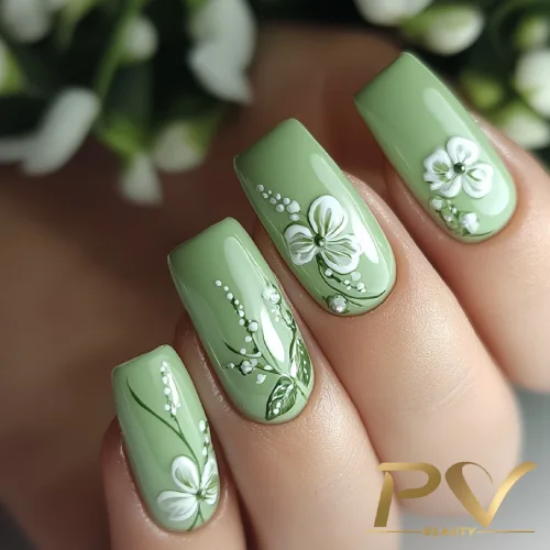 unhas-em-verde-decoradas-floral-pv-beauty-12 Unhas verdes decoradas com flores brancas e detalhes em folhas.