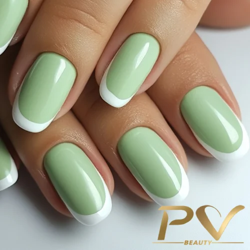 unhas-em-verde-decoradas-francesinha-pv-beauty-16 Unhas com esmalte verde claro e pontas brancas, estilo francesinha. Logo "PV Beauty" no canto inferior direito.