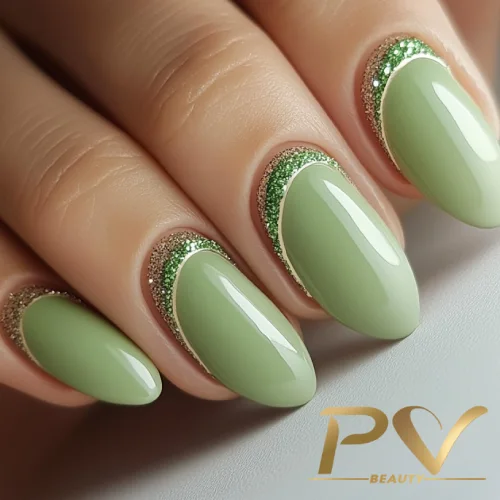 unhas-em-verde-decoradas-glitter-brilho-pv-beauty-17 Unhas pintadas de verde claro com detalhes brilhantes em verde mais escuro na base, mostrando um design elegante.