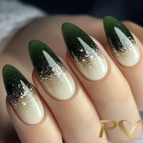 unhas-em-verde-decoradas-glitter-pv-beauty-04 Unhas em formato amendoado com esmalte verde e gradiente dourado brilhante nas pontas.