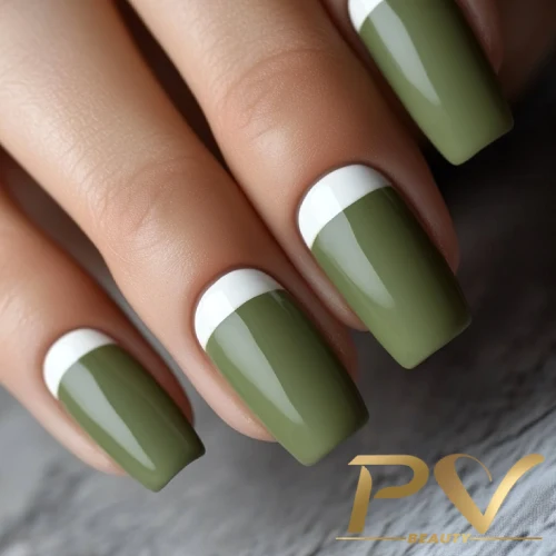unhas-em-verde-decoradas-oliva-francesinha-pv-beauty-23 Unhas com esmalte verde oliva e detalhe branco nas pontas, sobre fundo cinza. Marca d'água no canto inferior direito.