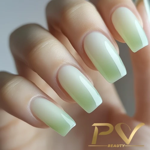 unhas-em-verde-decoradas-ombre-perfeito-pv-beauty-27 Unhas com esmalte em degradê verde, formato quadrado, em uma mão contra fundo neutro. Logo no canto inferior direito.