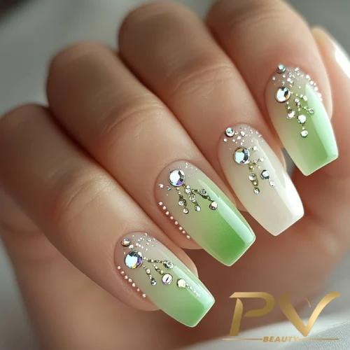 unhas-em-verde-decoradas-pedrarias-pv-beauty-10 Unhas decoradas com esmalte verde e branco em degradê, adornadas com pequenas pedras brilhantes.