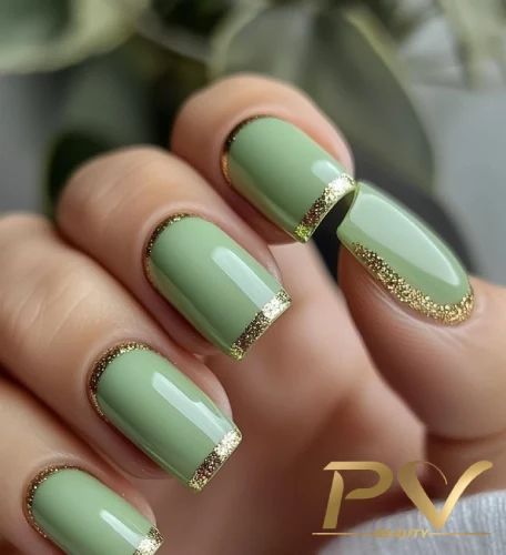unhas-em-verde-decoradas-quadradas-glitter-pv-beauty-14 Unhas pintadas de verde com bordas douradas, destacando um estilo moderno e elegante.