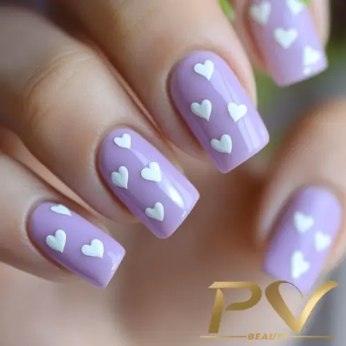 Unhas decoradas com esmalte lilás e pequenos corações brancos.