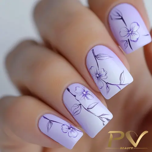 Unhas pintadas em tons de lilás com desenhos delicados de flores e ramos em preto sobre um fundo degradê suave.