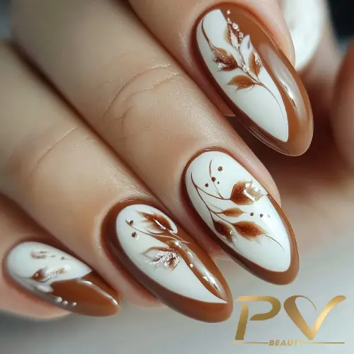 unhas-marrons-decoradas-florais-pv-beauty-22 Unhas decoradas com esmalte marrom e branco, com desenho de folhas em estilo artístico.