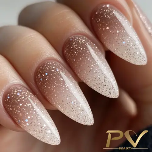unhas-marrons-decoradas-glitter-pv-beauty-02 Unhas em formato amendoado com esmaltação degradê e glitter prateado.