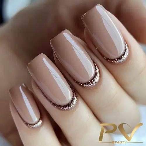 unhas-marrons-decoradas-glitter-pv-beauty-05 Unhas com esmalte nude e bordas decoradas com glitter dourado.