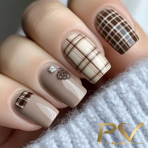 unhas-marrons-decoradas-quadriculadas-pv-beauty-31 Unhas decoradas com esmalte bege e marrom, detalhes xadrez e apliques brilhantes, sobre fundo cinza claro.