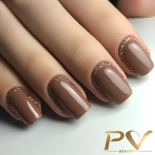 unhas-marrons-glitter-decoradas-pv-beauty-26 Unhas pintadas de marrom com bordas douradas brilhantes, apresentando um design elegante e sofisticado.