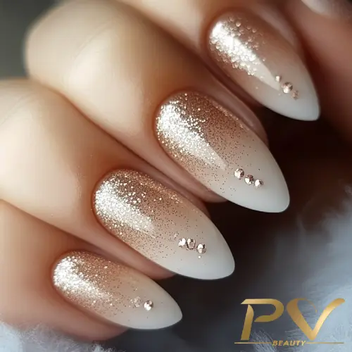 unhas-marrons-glitter-pedrarias-decoradas-pv-beauty-14 Unhas com esmalte branco e detalhes em dourado brilhante, decoradas com pequenas pedras.