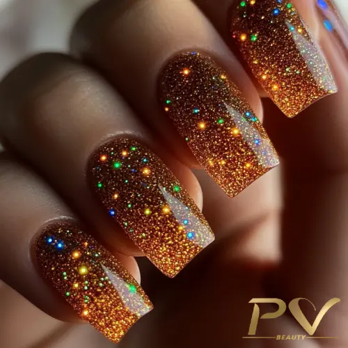 unhas-marrons-neon-glitter-decoradas-pv-beauty-12 Unhas decoradas com esmalte marrom brilhante e glitter multicolorido, em close-up, mostrando detalhes do acabamento.