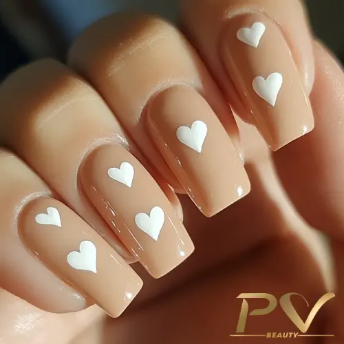 unhas-nude-coracao-decoradas-esmaltacao-pv-beauty-27 Unhas com esmalte nude decoradas com pequenos corações brancos em relevo.