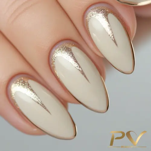 unhas-nude-delicadas-decoradas-pv-beauty-02 Unhas decoradas em formato amendoado, com esmalte bege e detalhes em glitter dourado nas bordas.