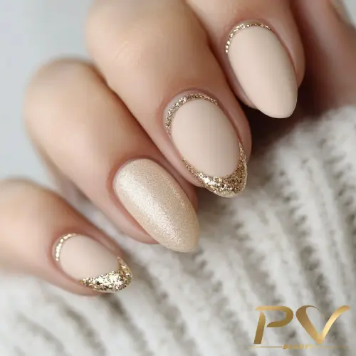 unhas-nude-foscas-esmaltacao-decoradas-pv-beauty-05 Unhas decoradas em tons nude com detalhes dourados brilhantes e acabamento fosco.