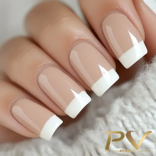 unhas-nude-francesinha-decoradas-pv-beauty-07 Unhas com esmalte nude e pontas brancas em estilo francesinha, sobre tecido claro.