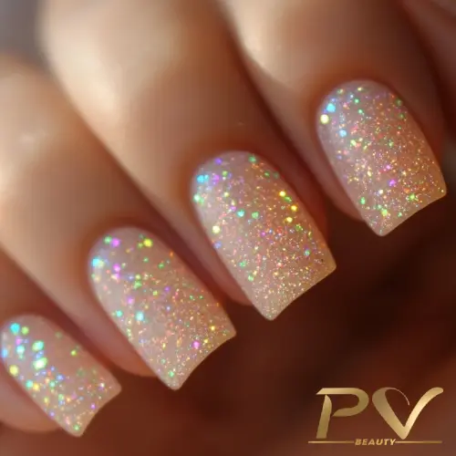 unhas-nude-glitter-neon-decoradas-esmaltacao-pv-beauty-26 Unhas decoradas com esmalte brilhante e efeito holográfico multicolorido.
