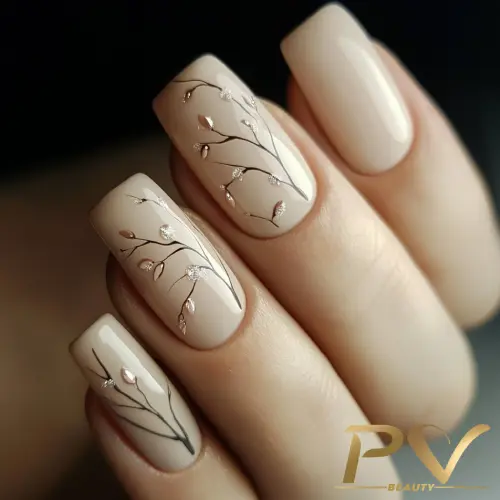 unhas-nude-ramos-delicados-decoradas-esmaltacao-pv-beauty-32 Unhas com esmalte nude e decoração de ramos delicados em preto e prata.