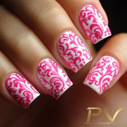 unhas-pink-arabescos-brancos-decoradas-pv-beauty-09 Unhas decoradas com esmalte rosa e branco, apresentando um desenho intricado de arabescos.