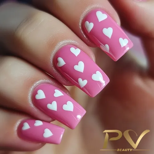 unhas-pink-coracao-decoradas-pv-beauty-11 Unhas decoradas com esmalte rosa e desenhos de corações brancos.