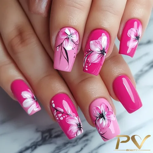 unhas-pink-decoradas-florais-pv-beauty-19 Unhas decoradas com esmalte rosa e desenhos artísticos de flores brancas e pretas sobre superfície de mármore.