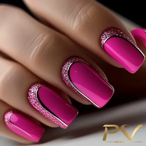 unhas-pink-decoradas-glitter-brilho-pv-beauty-03 Unhas decoradas em tons de rosa com detalhes brilhantes e acabamento metálico.