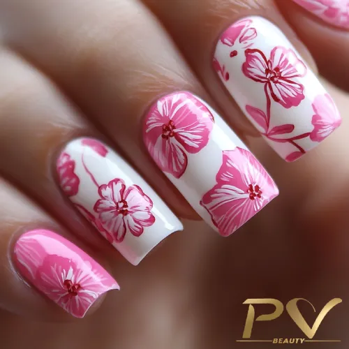 unhas-pink-florais-decoradas-pv-beauty-08 Unhas decoradas com esmalte branco e desenhos de flores rosas em destaque.