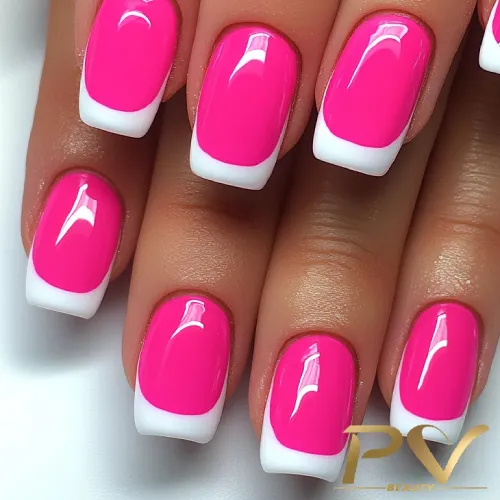 unhas-pink-francesinha-decoradas-pv-beauty-05 Unhas com esmalte rosa vibrante e pontas brancas em um estilo francês moderno.