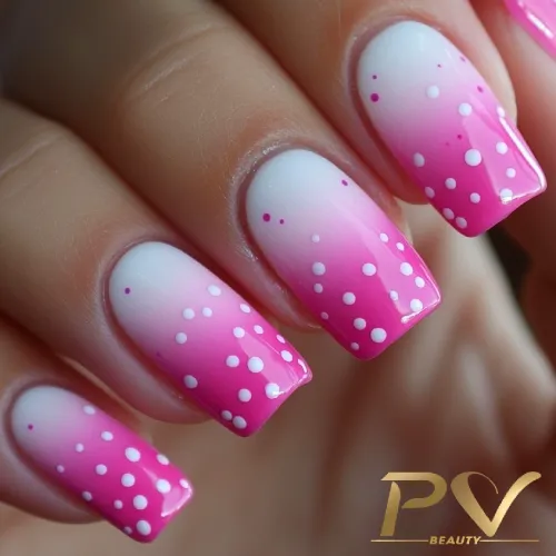 unhas-pink-poa-degrade-decoradas-pv-beauty-26 Unhas com degradê rosa e branco, decoradas com pequenas bolinhas brancas.
