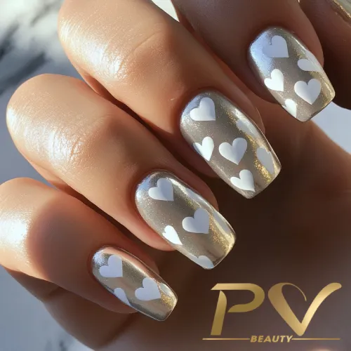 unhas-prata-coracao-decoradas-pv-beauty-27 Unhas decoradas com esmalte metálico prateado e desenhos de corações brancos.