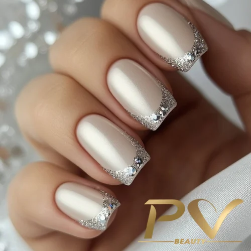 unhas-prata-decoradas-glitter-pv-beauty-04 Unhas decoradas com esmalte claro e bordas prateadas com brilho.