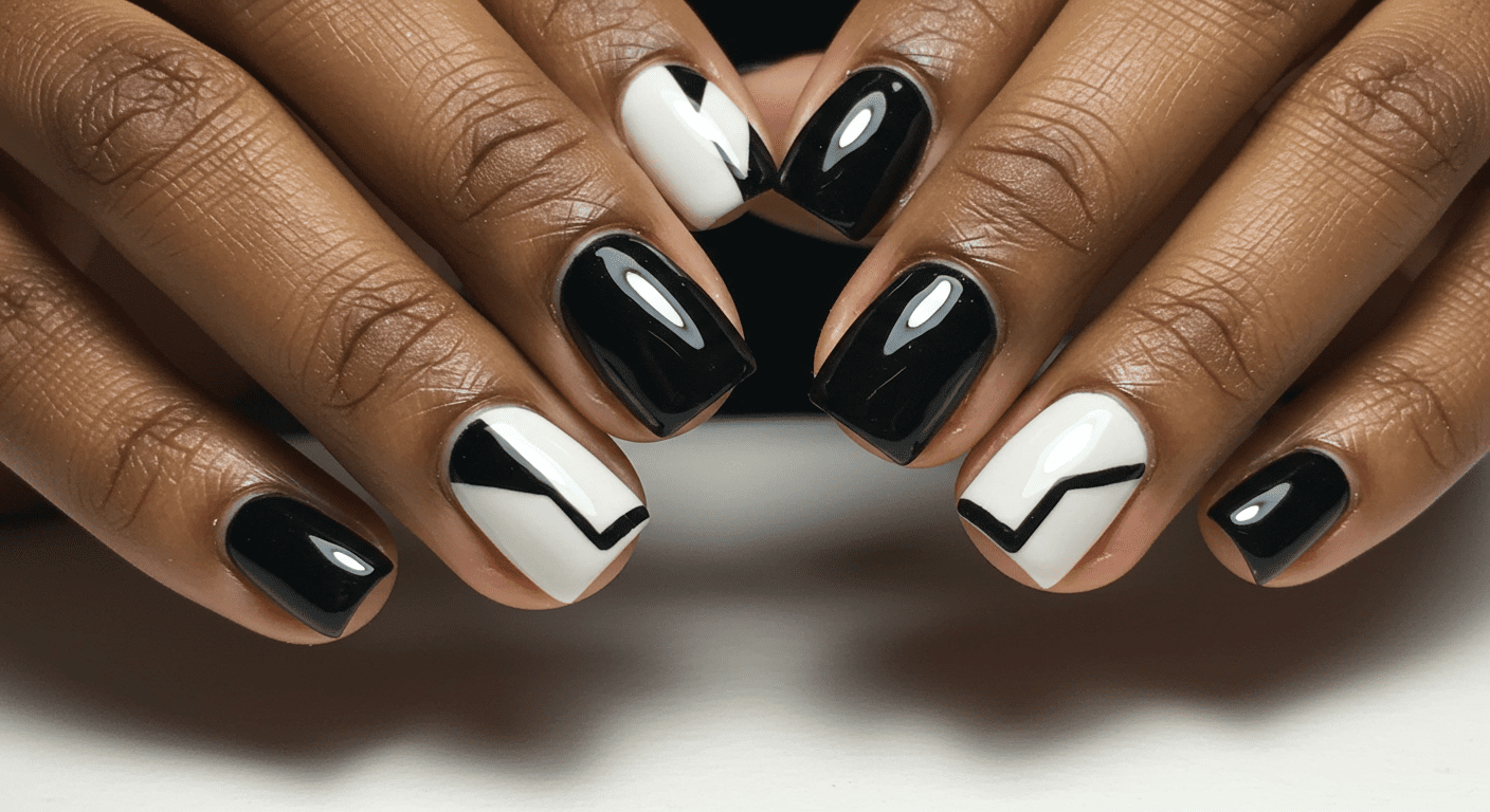 Unhas decoradas em preto e branco com design geométrico e acabamento brilhante.