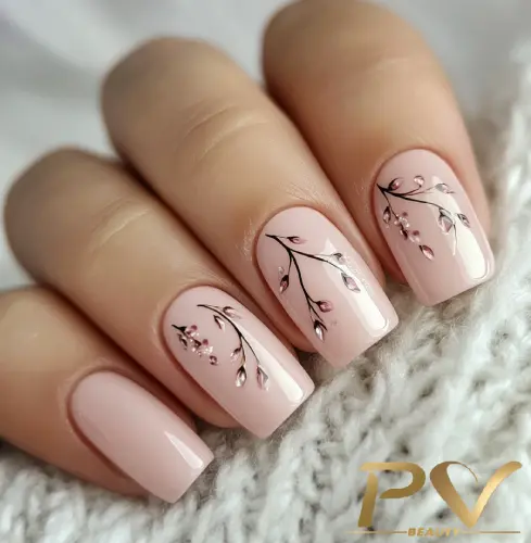 Unhas com esmalte nude e desenhos delicados de galhos floridos.